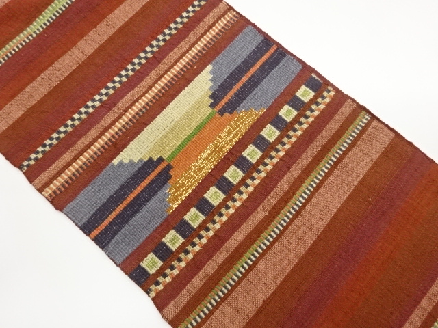 Nagoya obi, hand-woven cotton pongee with horizontal stripes and abstract patter